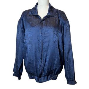 Vintage CoAco 100% Silk Bomber Jacket Navy Floral Embossed Zip Front Large